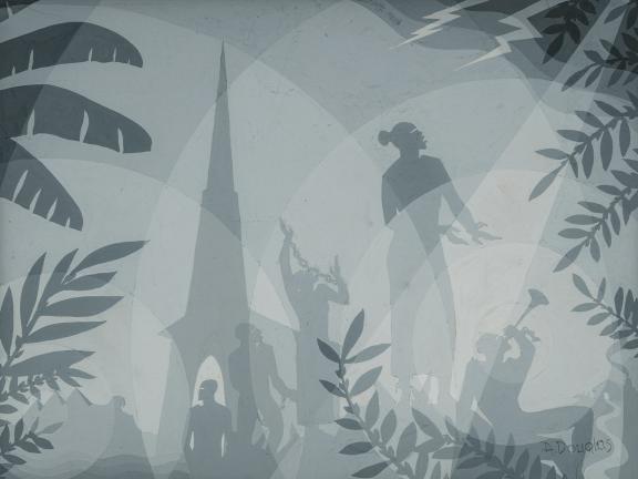 Gouache on artist's board depicting silhouettes of the Sphinx, pyramids, a church, jungle foliage, a trumpeter, chained figures, and one figure in broken chains.