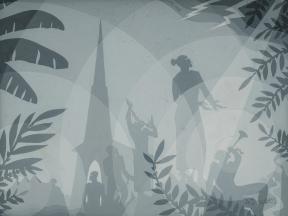 Gouache on artist's board depicting silhouettes of the Sphinx, pyramids, a church, jungle foliage, a trumpeter, chained figures, and one figure in broken chains. 