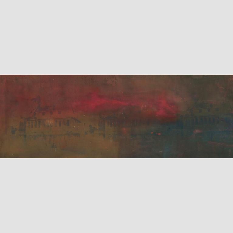 An ink print composed of dark tan, dark blue, and bright pink colors with the image of a repeating house.