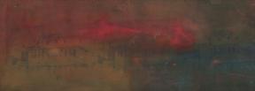 An ink print composed of dark tan, dark blue, and bright pink colors with the image of a repeating house. 