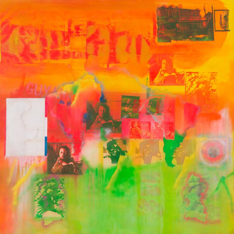 An abstract painting of bright oranges, yellows, pinks, and greens with different, repeating images.