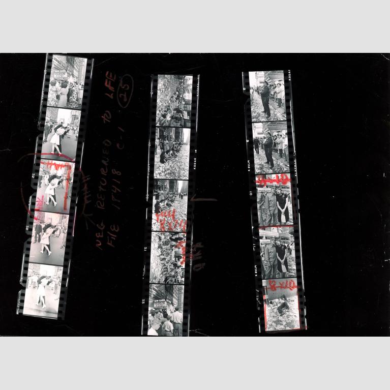 Three contact sheets from photographer Alfred Eisenstaedt lay against a black background.