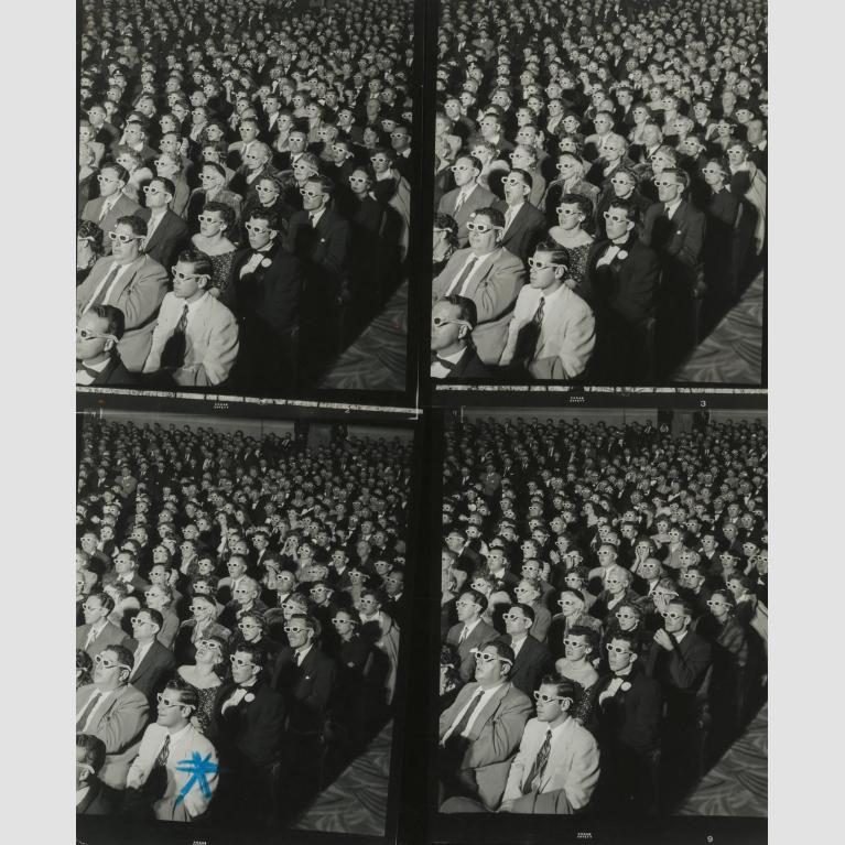 A contact sheet of an audience wearing 3-D glasses and watching a movie.