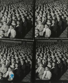 A contact sheet of an audience wearing 3-D glasses and watching a movie.