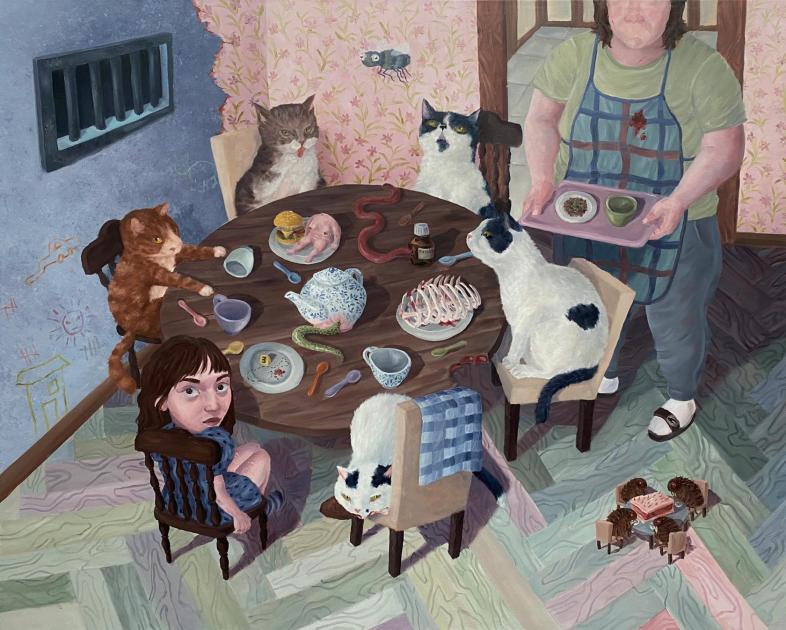 A painting of a person holding a tray and standing next to five cats and a young person sitting around a table.