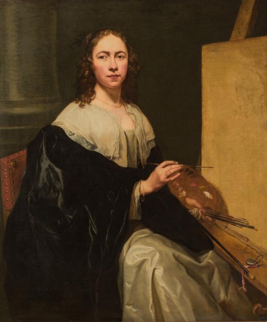 A self-portrait painting of artist Michaelina Wautier sitting beside an easel and holding a palette and a bundle of paintbrushes.