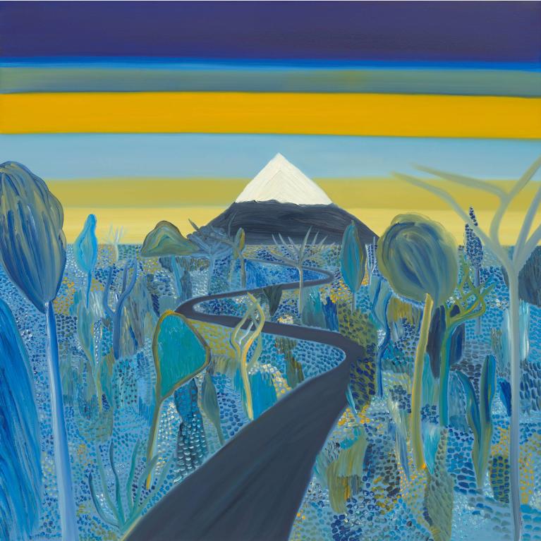A snow-capped mountain sits at the end of a serpentine path in the woods and against the backdrop of a blue-and-yellow sky.