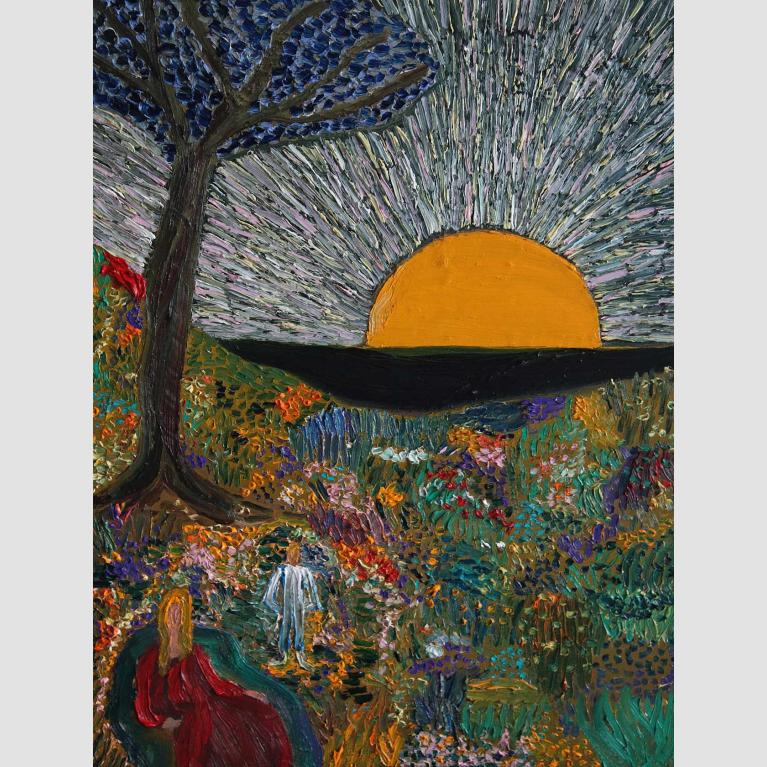 A mother and child walk in a field covered with flowers.
