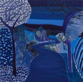 A path winds through a forest under the blue light of night. 