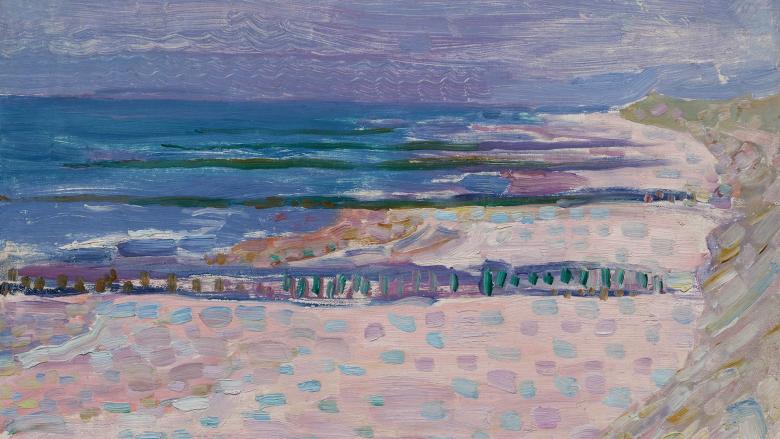 An impressionist painting of an empty beach with five piers below a purple sky.