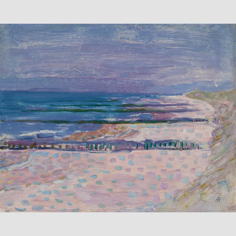 An impressionist painting of an empty beach with five piers below a purple sky.