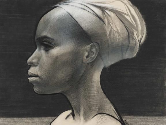 A charcoal drawing of the profile of a woman in a headscarf. 