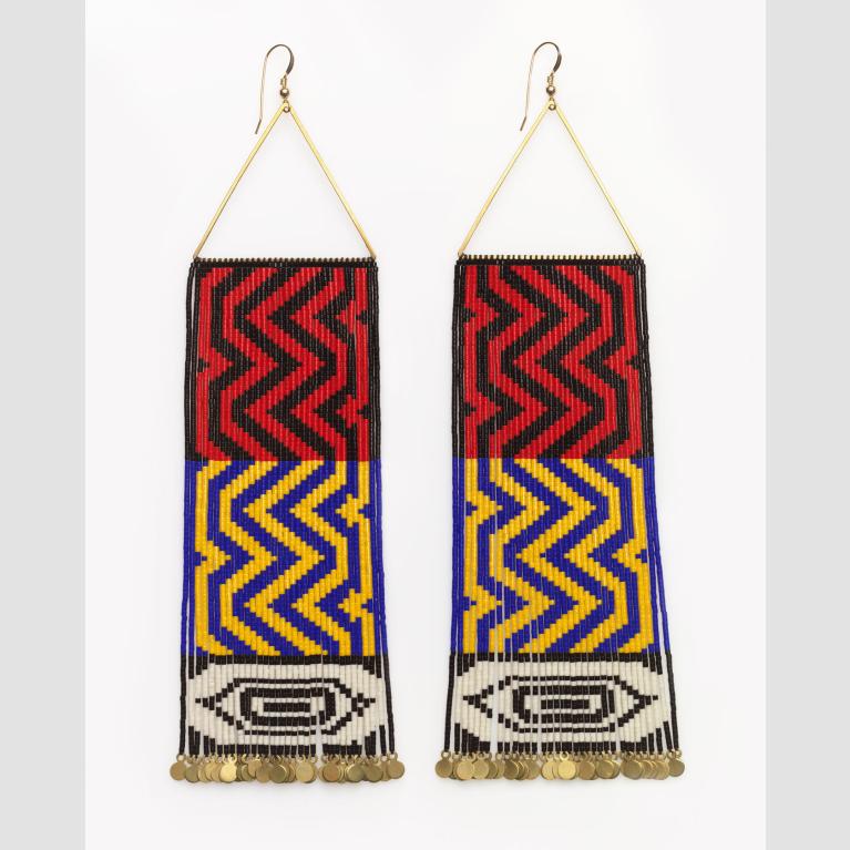 Beaded dangle earrings with a geometric weaved pattern.