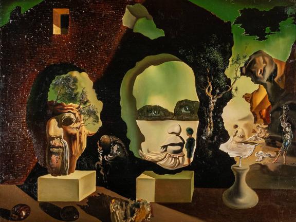 A green sky, negative space, and figures such as people, faces, trees, and a brick wall create three faces of different ages. 