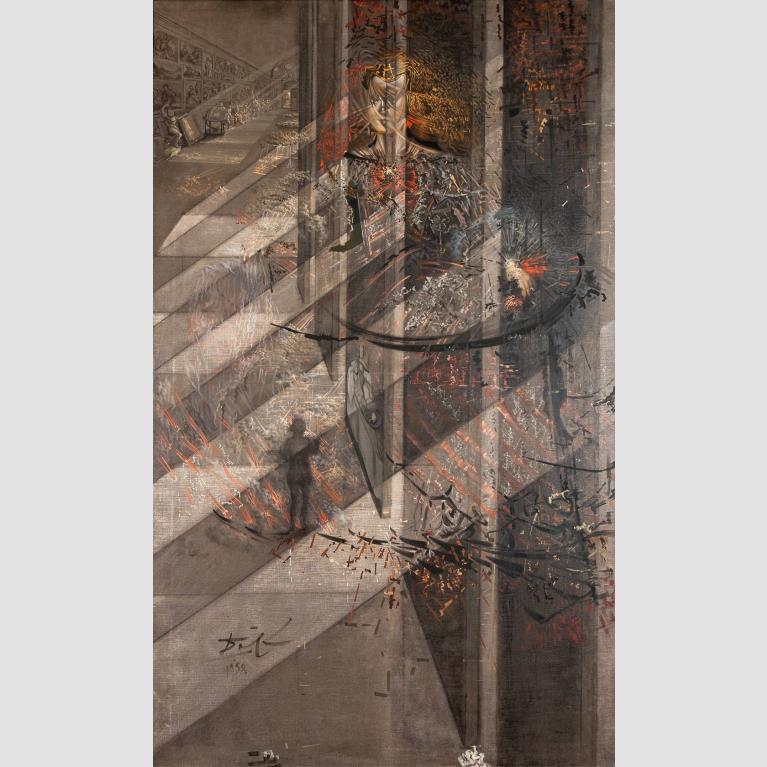 A phantom-like figure of a young girl lingers in a hallway above the dark figure of a painter.
