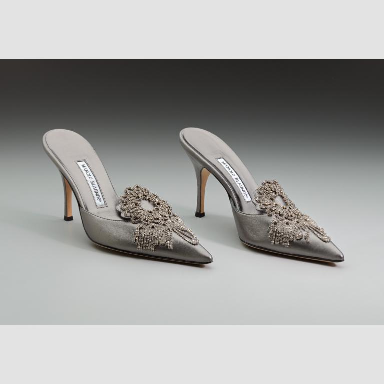 Silver leather embellished heels.