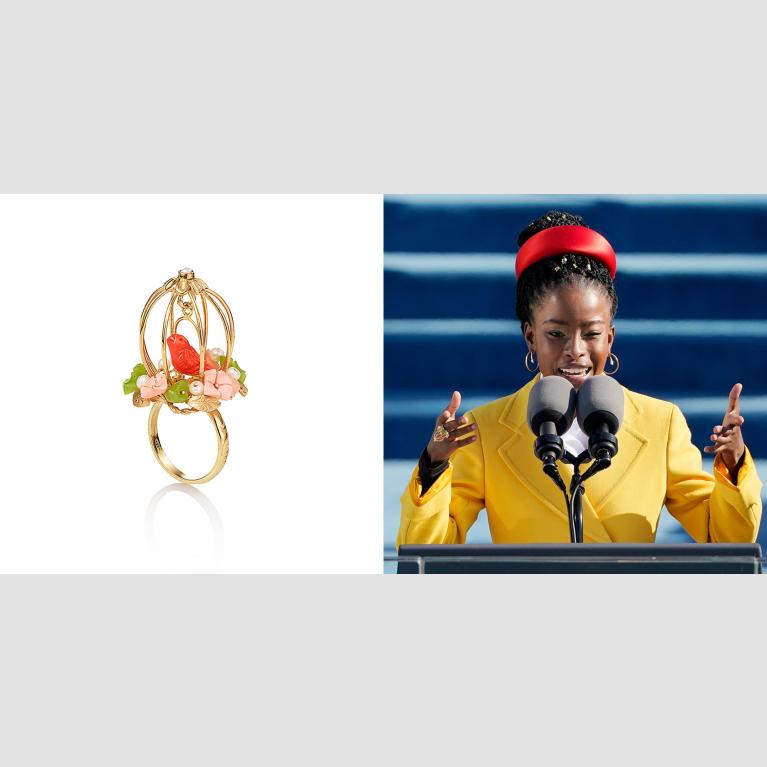A composite image of a bird cage ring on the left and Amanda Gorman wearing the same ring during the 2020 USA presidential inauguration.
