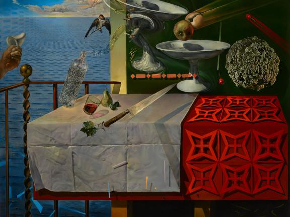 Fruit, glassware, a bird, a knife, and serving platters float above a table covered in white and red tablecloths, sitting on a patio overlooking the sea. 