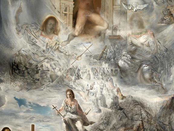 Many figures—humans and animals—wear white garments and swirl in the sky above a mountain and lake, including the artist Dalí himself who paints at a blank easel. 