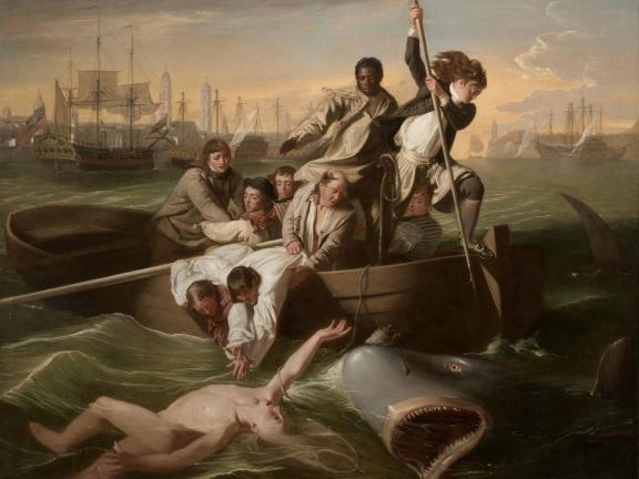 The dramatic composition depicts the attack of a shark on fourteen-year-old cabin boy Brook Watson in the waters of Havana Harbor