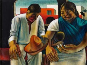Painting depicts a peasant family sitting on a bus stop