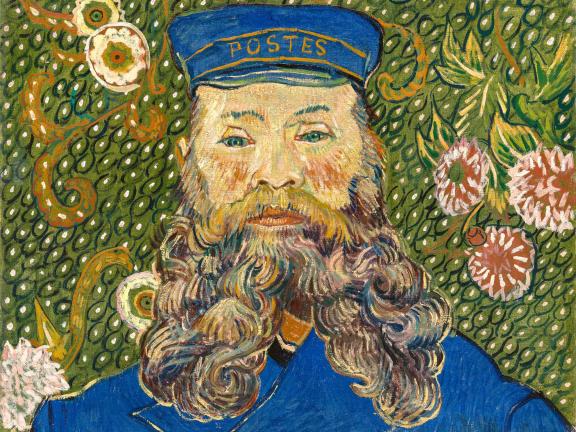 Colorful painting depicting a man with a blue hat that reads "Postes" and a long, curly grey beard.