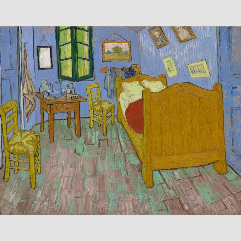 The painting depicts a minimalist styled room with a bed, two chairs a small table, and a washbasin