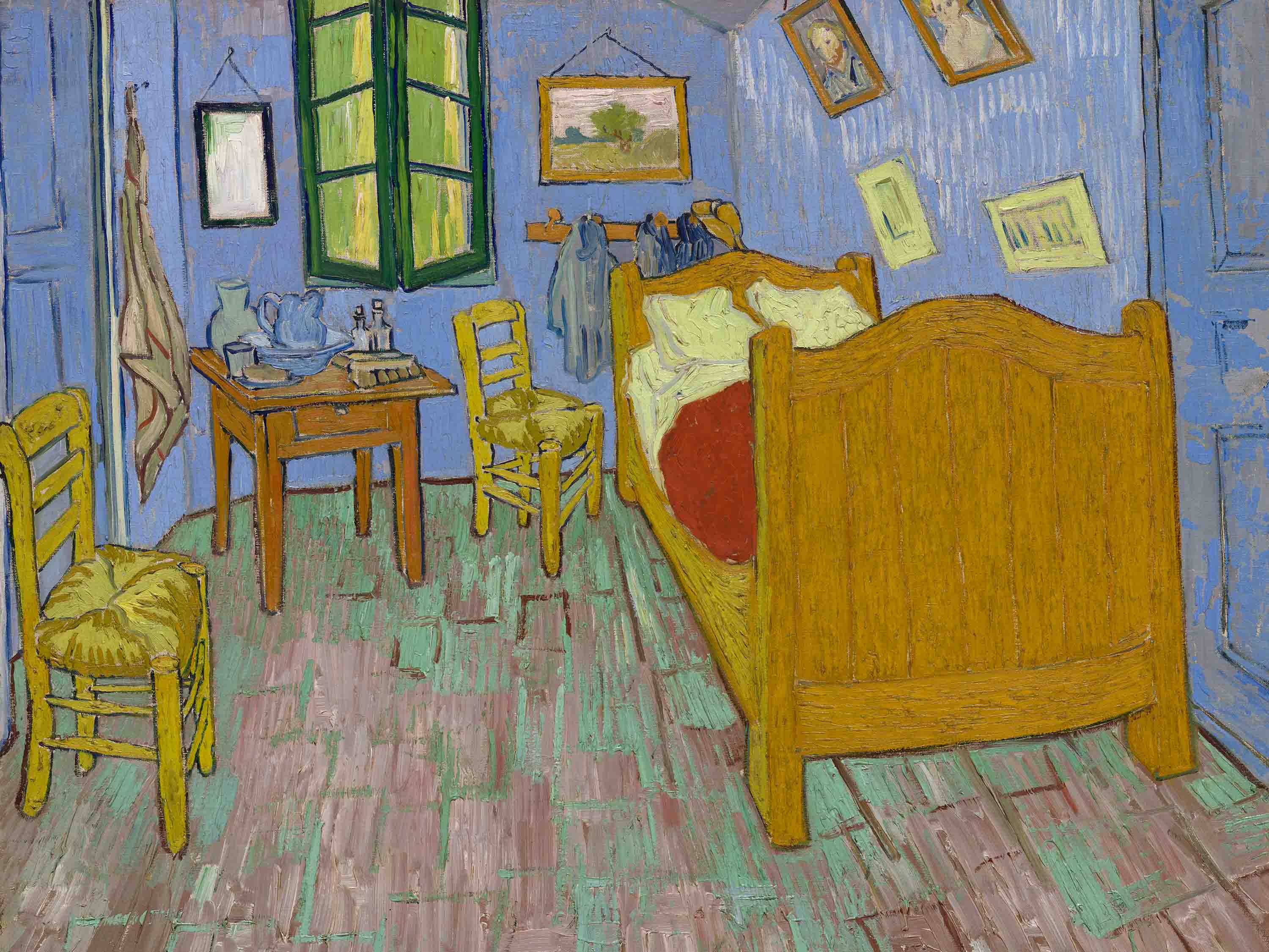 Van Gogh painting depicting a colorful and sparse bedroom with blue walls