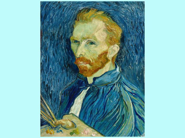 self-portrait of Van Gogh, dressed in blue holding palette against background of blue brush strokes