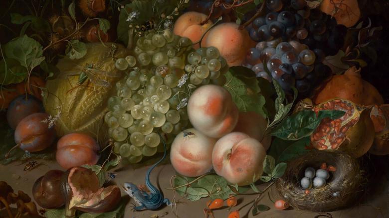Against a dark background, a table of tropical fruit, flowers, and insects are arranged in an ornate display.