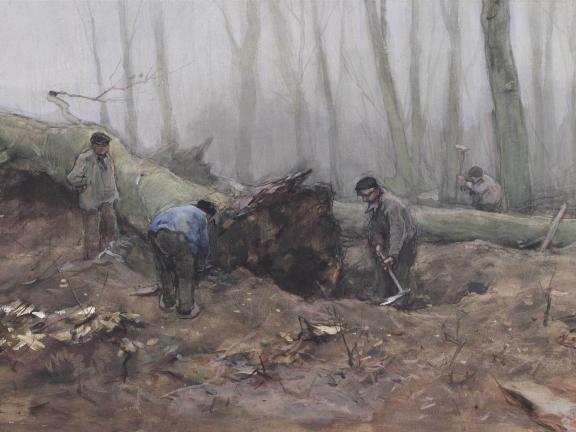 Painting depicting four men in a grey forest digging up a fallen tree
