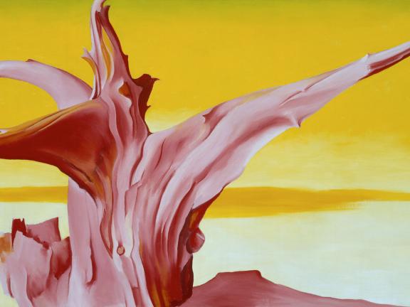 A surreal painting features a twisted, abstract red and pink structure against a bright yellow background with soft gradients.