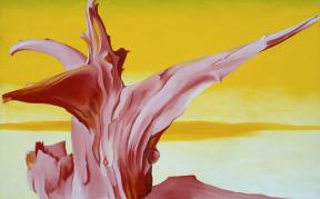 A surreal painting features a twisted, abstract red and pink structure against a bright yellow background with soft gradients.