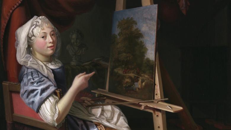 Detail of painting of woman in a dress and head covering, seated in front of a landscape painting on an easel