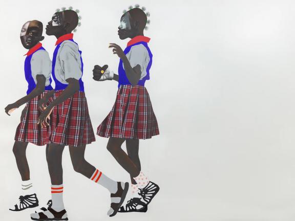 A collage of three school-aged girls in matching uniforms. 