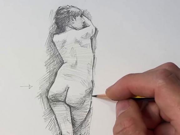 Detail of drawing of nude female figure; with pencil in the process of drawing