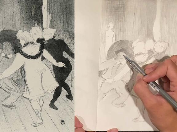 Toulouse-Lautrec drawing of dancers on left; overhead view of drawing book with hand holding pencil replicating Toulouse-Lautrec drawing