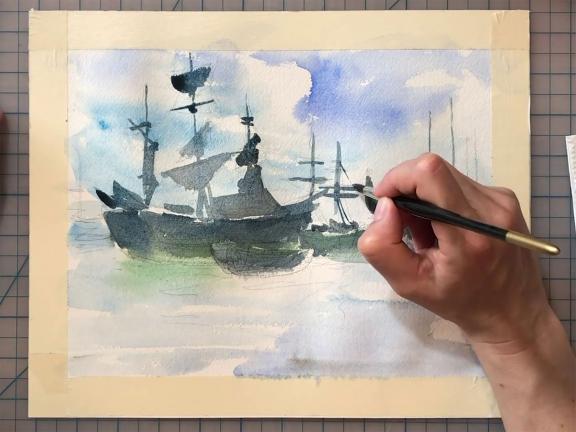 close-up of watercolor painting in progress, depicting tall ship on ocean, with hand holding paintbrush