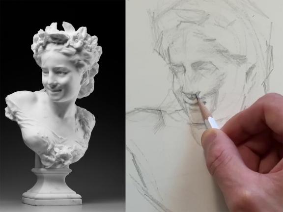 on left, photograph of bust depicting woman wearing flower crown; on right, detail of pencil drawing of the sculpture, with instructor's hand shading in nose of the bust
