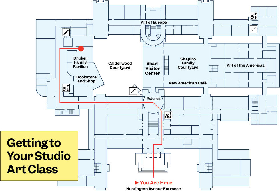 map showing route from Huntington Avenue entrance to Druker Family Pavilion