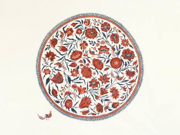 Painted fabric in a floral design in a circle.