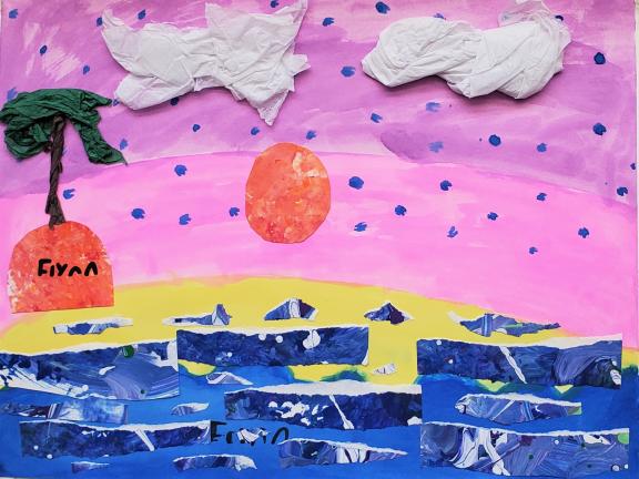 painted paper collage of seascape made by young student 