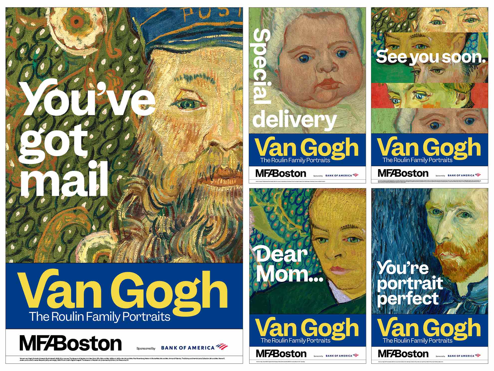 Grid of various postcards featuring Van Gogh paintings paired with text, such as &quot;You've got mail&quot; and &quot;Special delivery&quot;